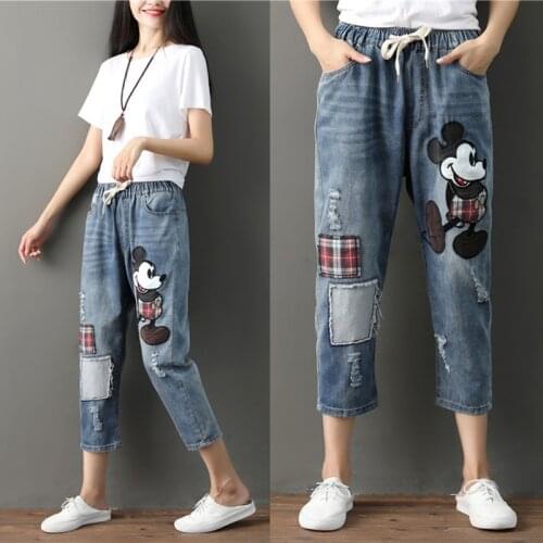 Womans Cartoon Mouse Jeans Patches Ripped Boyfriend Jeans For Ladies High Waist Baggy Boyfriend Jeans Elastic Waist Denim Pants