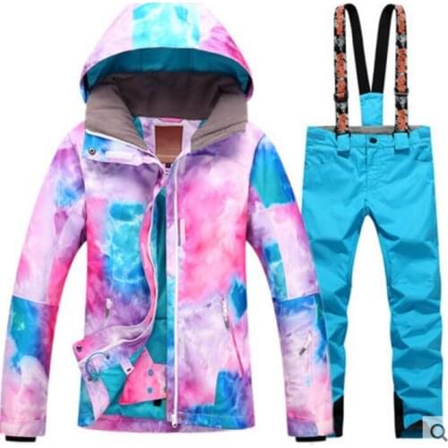 Women blue pink violet ski jacket and blue ski pants suit female skateboarding riding skiing jacket with skiing pants ski suit