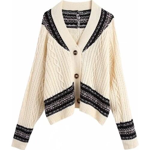 Pop Fall Winter Women Oversized Jacquard Knit Cardigan Long Sleeves V-neck Loose Women Sweater Casual Vogue Chic Tops