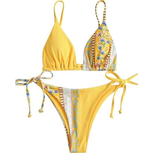 1 Pcs Womens Fashion Sexy Split Stitching Printed Bikini Ladies Lace-Up Pool Party Swimsuit Beach Clothing купальники женские