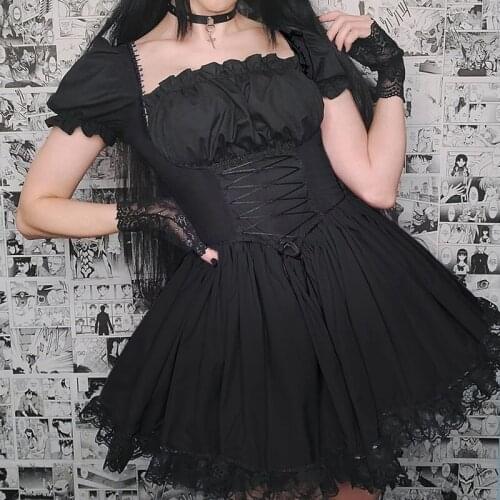 Harajuku Punk Corest Black Dress Mall Goth High Waist Lace Up Pleated Dress Retro Style Lace Patchwork a Line Dress Women