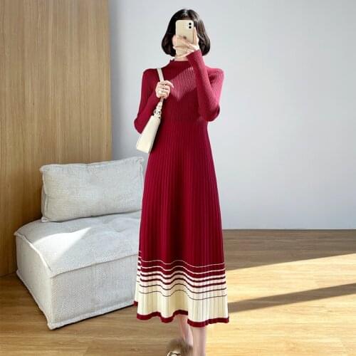 Fall New Pullover Outwear Sweater Dresses Women Winter Fashion Gradient stripes Hem A-line Knitted Bottoming Long Dress Female