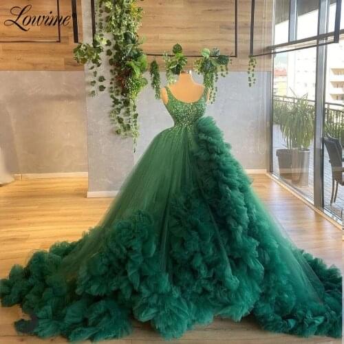 Lowime Green Cloud Long Prom Dresses 2021 Newest Customized A Line Beading Tiered Party Dress For Weddings Robes Evening Gowns