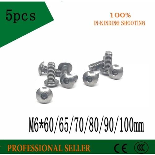 5pcs M6*60/65/70/80/90/100 mm Stainless Steel 304 Round Head Screws Mushroom Hexagon hex Socket Button Head Screw Bolt