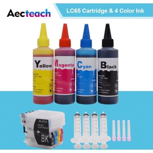 Aecteach LC 65 XL Printer Ink Cartridges + 400ml Dye Ink For Brother LC11 LC16 LC38 LC61 LC67 LC980 LC990 LC1100 DCP-J140W 145C