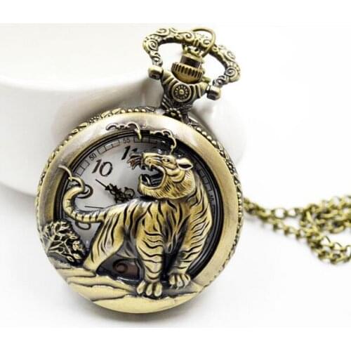 Bronze Tiger Hollow Quartz Pocket Watch Necklace