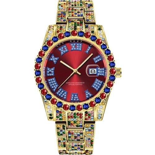 Men Golden Hip Hop Watches Fashion Alloy Band Luxury Brand Full Diamond Date Quartz Vintage Watch Reloj Hombre Acero Inoxidable