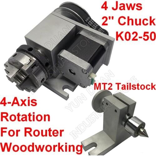 CNC dividing head A axis rotation 4 jaws Sanou K02-50 2inch chuck 4th 4 axis rotary & MT2 Tailstock For Router Wood working