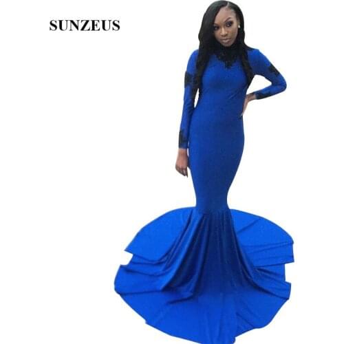 Elegant Long Jersey Prom Dress Trumpet High Neck Long Sleeves Royal Blue Party Dress With Black Appliques vestidos de baile