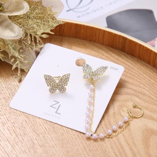 FNIO Korean Elegant Cute Rhinestone Butterfly Stud Earrings For Women Girls Fashion Metal Chain Jewelry