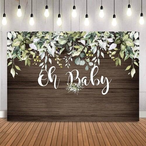 Oh Baby Backdrop for Baby Shower Party Decoration Green Leaves Rustic Wood Background for Photo Studio Banner Birthday Decor