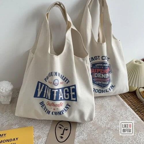 Retro Literary Canvas Womens Shopping Bag Letters Print Female Shoulder Bag Cotton Shopper Ladies Tote Bags for Women Shopping