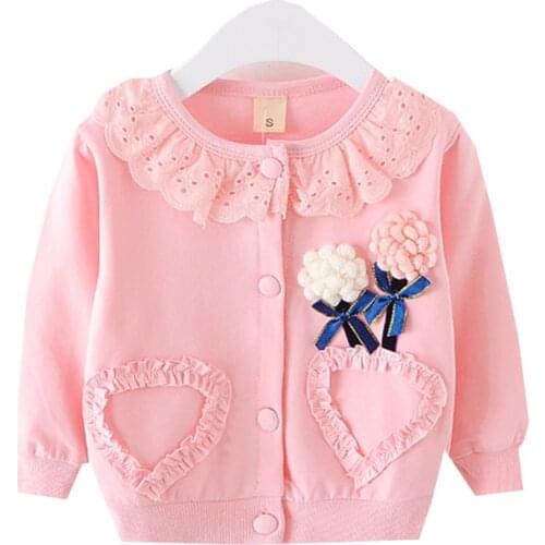 Flower Pendant Girls Cardigan Sweet Kids Clothing Cotton Coat Cute Baby Jacket Heart Pattern Girls Blouse Pink Outwear vetement