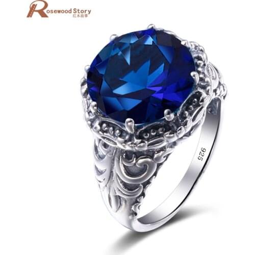 Carved Vintage Big Created Sapphire Stone Rings For Women Hand Spinner Sterling Silver 925 Cocktail Rings Handmade Party Jewelry