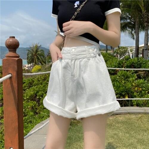 Summer Korean style high-waist straight-leg rolled-edge wide-leg white jeans shorts women