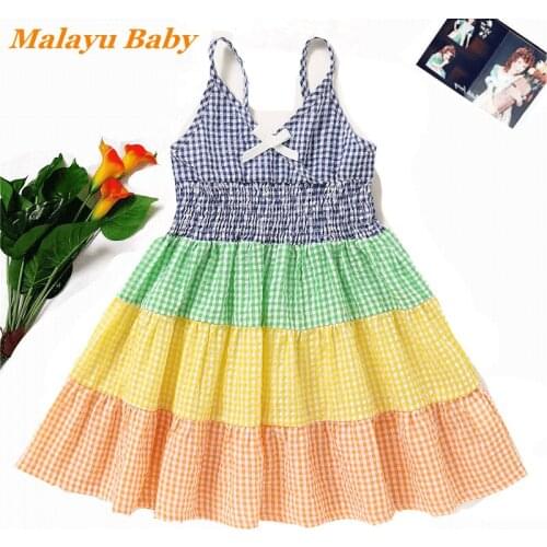 Malayu Baby Childrens Dress 2021 Summer New Cute Girl Plaid Elastic Waist Bowknot Sling Princess Dress 2-6 Years Kids Cloting