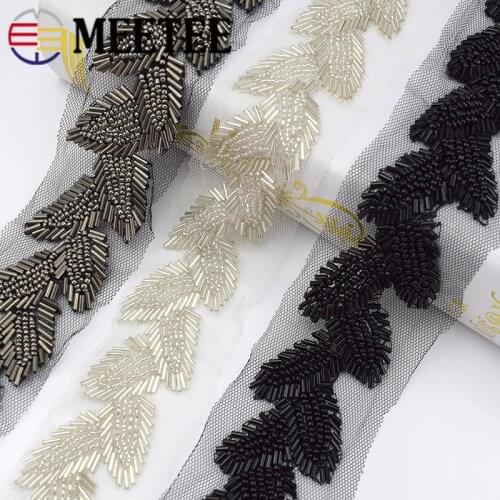 Meetee 6cm Pearl Beaded Lace Trims Leaf Mesh Fabric Lace Ribbon Tape Weding Dress Collar Headdress Lace Applique DIY Crafts