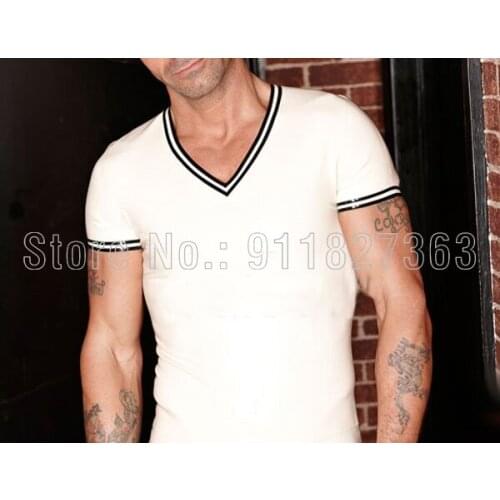 Fashion 100% Handmade Latex Shirt White w Black Trim Short Sleeves V Neck Sexy Man Top T-shirt