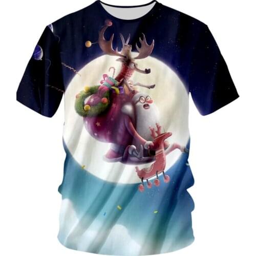 UJWI 2019 Mens Christmas Moon Pattern T Shirt 3D Printed Lovely Santa Claus And Elk Clothing Man Casual O Neck Tshirt