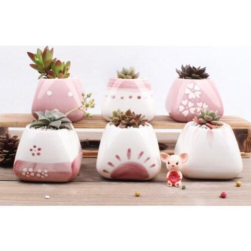 Set of 6 Hand Painted Sakura Ceramic Succulent Plant Pot Craft Decorative Desktop Pink Flower Pot Planter Home Garden Decoration
