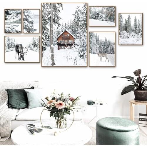Winter Landscape Pine Forest Snow Chalet Wall Art Canvas Painting Nordic Posters And Prints Wall Pictures For Living Room Decor