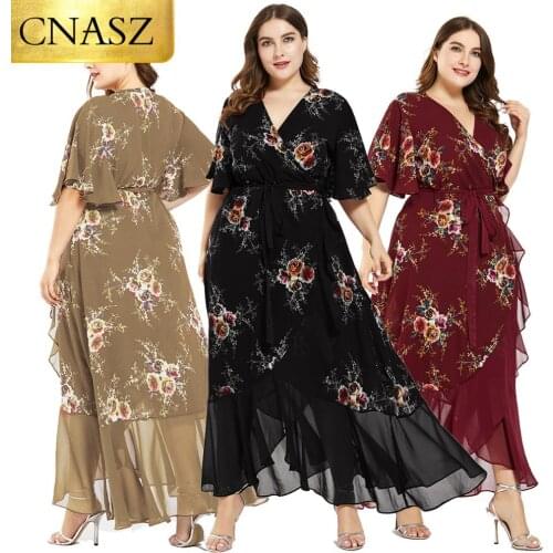 New design Summer Plus Size Dress Womens Printed Chiffon Stitching Fashion Slit Irregular Ladies Floral Maxi Dress