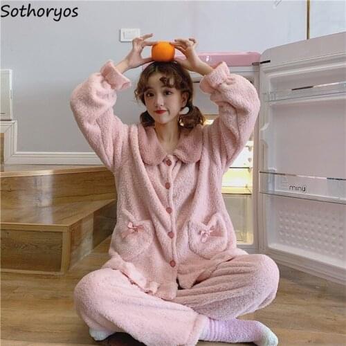 Women Pajama Sets Coral Fleece Solid Plus Velvet Thicker Homewear Female Loose Sweet Cute Ruffles Elastic Waist Sleeping Wear