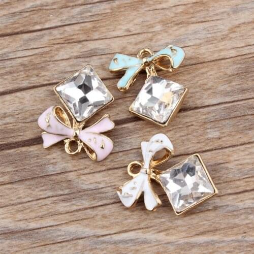 MRHUANG 10PCS Clear Glass Bow Floating Enamel Charms Alloy Pendant for bracelet DIY Fashion Jewelry Accessories