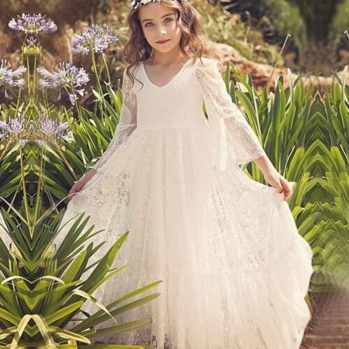 Puffy Tulle Lace Alines Flower Girl Dresses Long Sleeve Girl Princess Dress Illusion Girl Wedding Party Dress First Communion