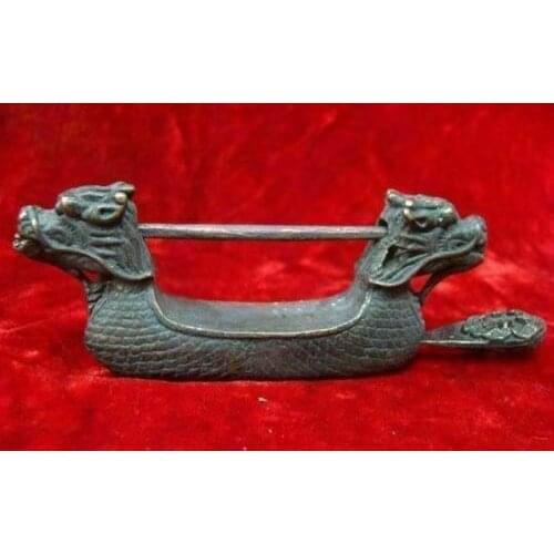 Rare Chinese old style Brass Carved Double Dragon Figure lock with key n