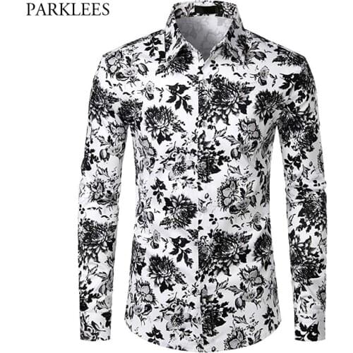 Black and White Floral Men Shirt Casual Slim Fit Flowers Shirts for Men Fashion Elegant Mens Shirts Long Sleeve Camisas Hombre