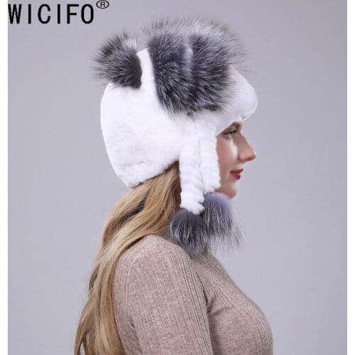 Womens Real fur Hat Rabbit fur and fox fur Protection Ear Fluffy beanies fashion Knitted cap warm winter fur hats for women Ski