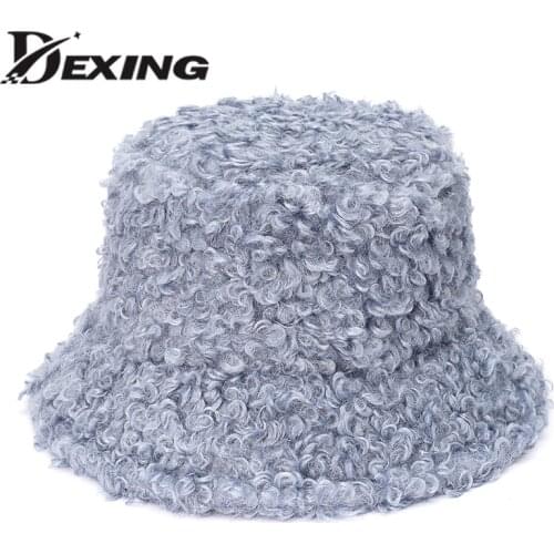 Fashion Outdoor Fishing Cap Fur Winter Hat warm Bucket Hat for Women Fluffy Sheep Curl Solid Panama Bob Chapeau Fisherman Gorros