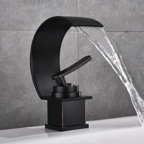 Basin Faucet Waterfall Black with Brushed Bathroom Basin sink Faucet Cold and Hot Water Mixer Single Handle Bathroom Taps