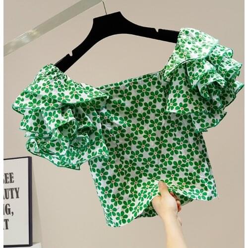 Sweet Ruffled Sleeve Shirt Women Sexy Slash Neck Slim Short All-Matching Floral Blouse Girls Lady Street Fashion Crop Top Blusa