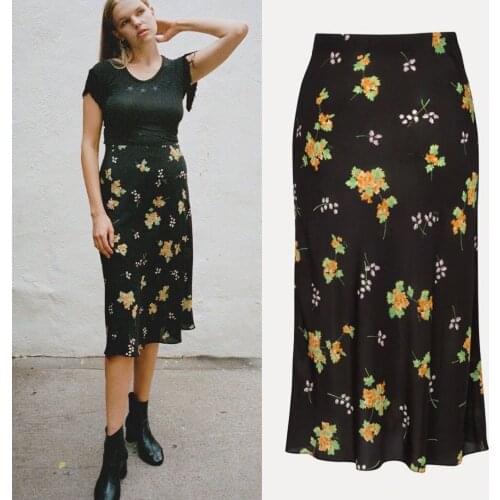 100% Silk Women Floral Printing Mid-calf Skirts High Waist Soft Prairie Chic Early Autumn 2021 New Ladies Jupe