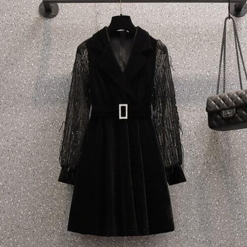 Plus Size 4XL Dresses For Women French Vintage Velvet Dresses Autumn Winter Sequined Mesh Embroidery Sleeve Sexy Party Vestidos