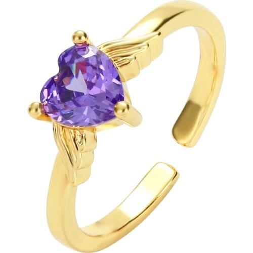 Womens gold cz rings Heart copper purple zircon open adjustable rings simple initial jewery Engagement wedding rings for women