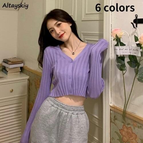 Women Cardigans Knitting Korean Style V-neck Ribbed 6 Colors Fashion Simple Basic Sunscreen Sweater Popular Trendy Casual Female
