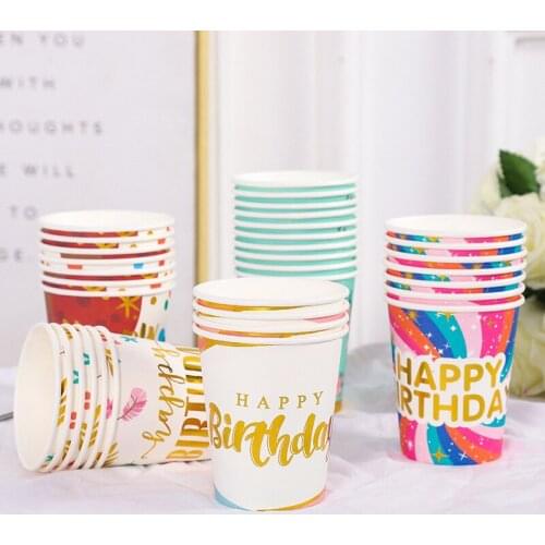 10pcs/lot Golden cup party250ml paper cup tableware birthday party dinner plate polka dot striped cup wedding decor supplies