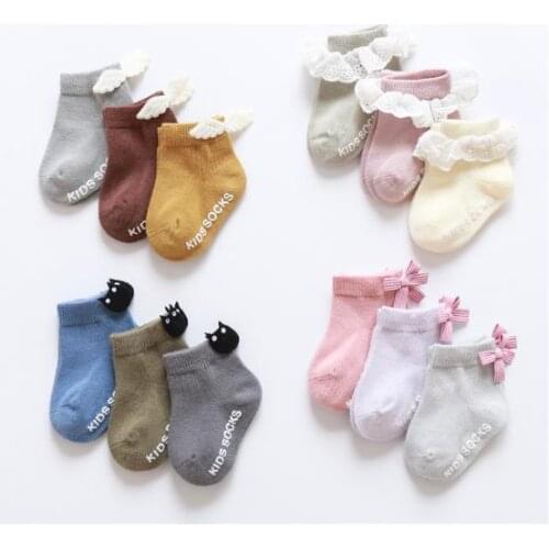 3 Pairs Baby Socks Lace Decoration 3D Cartoon Design Dispensing Non-slip Cotton Socks Accessories for Boys Girls 6M-3T