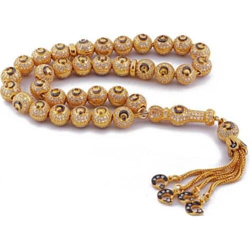 925 Sterling Silver Gold Zircon Stone Moon Star 33 Piece Tasbeeh Rosary Islamic Gift, Muslim Prayer Beads Masbaha Subha