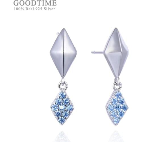 Noble Women 925 Sterling Silver Jewelry Ladies Rhombus Shape Studded Blue Zircon Earrings For Girl Dress Up Memorial Day Gift