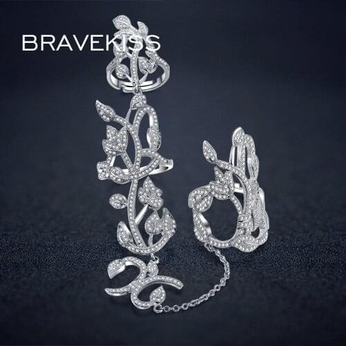 BRAVEKISS delicate pave cz crystal double finger rings with chain lotus flower womens hollow rings anillos bague jewelry BUR0264