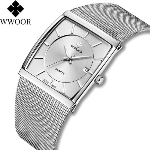 WWOOR New Top Fashion Watch For Men Square Quartz Slim Steel Mesh Waterproof Sports Automatic Date Wrist Watches Reloj Hombre