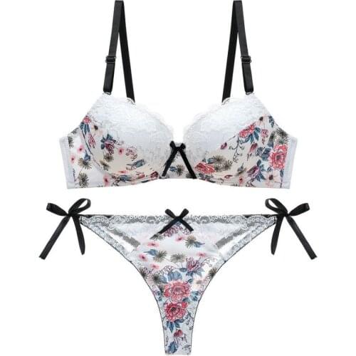Womens European and Sexy Print Hollowed Out Bra Suit T-pants Panties Womens Underwear Set Sexy Lace Bra