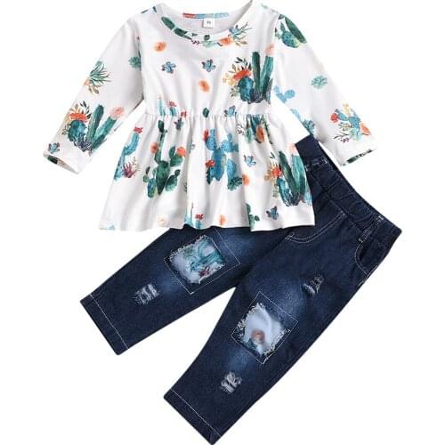 FOCUSNORM 1-6Y Autumn Kids Girls Clothes Sets Flowers Print Ruffles Long Sleeve Dress Tops Denim Pants 2pcs