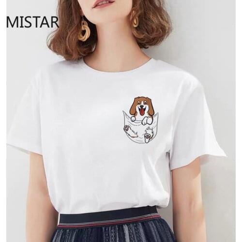 Cute Pocket Dog printed cartoon t shirt women new summer casual short sleeve white top t-shirt women clothing graphic t shirt