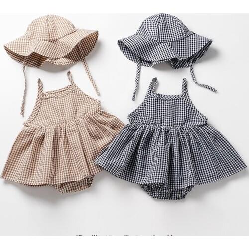 Baby Girls Romper Dress Summer Cotton Plaid Sling Sleeveless Jumpsuit + Hat 2 Pcs Newborn Infant Fashion Princess Dressess