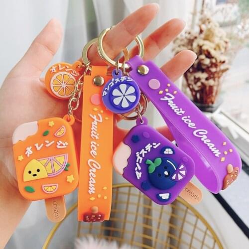 Cartoon Summer Fruit Icecream Anime Keychain For Women Rubber Trinkle Key Ring Chains Car Bag Charm For Girl Boy Gift D827